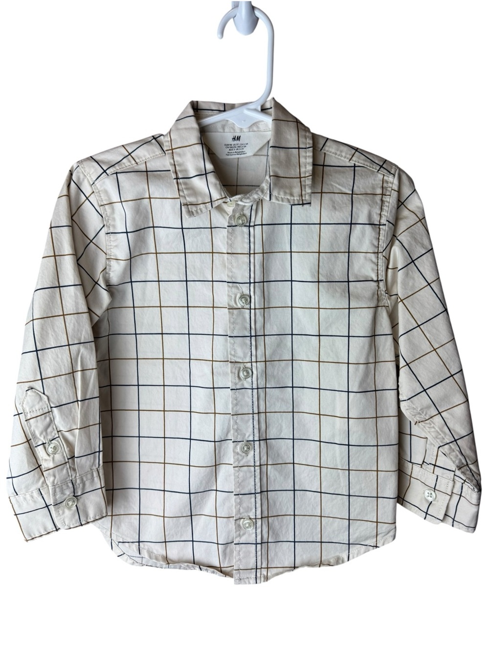 H&M Cream Brown/Navy Plaid Stripes Button Up Shirt 3T